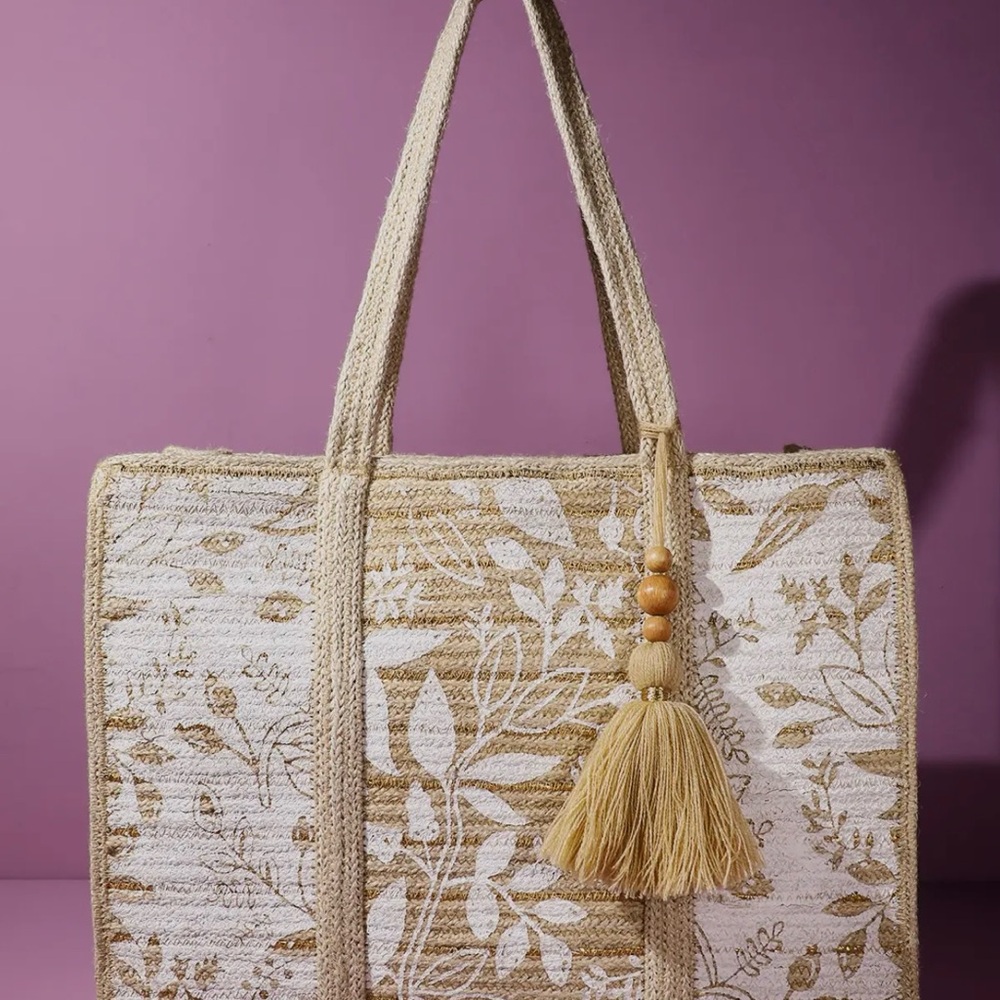 Jute Shoulder Floral Bag Beige NWT - Picture 7 of 16